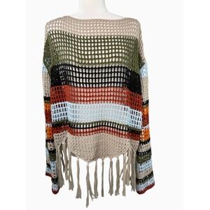 VIVID New York L Multicolor Crochet Open Knit Fringe Poncho Sweater 23653
